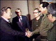 Donald Rumsfeld shaking hands with close American ally Saddam Hussein, in the 1980s